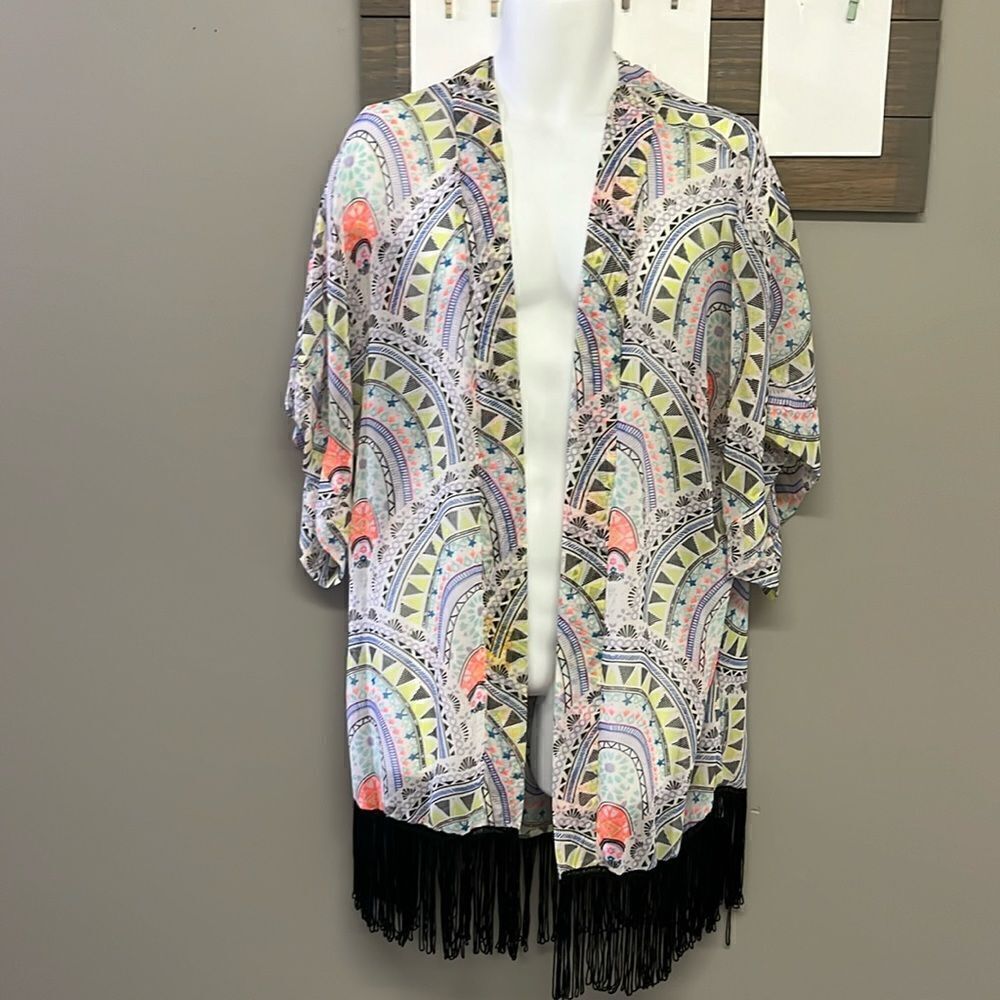 Steven Madden Sheer Geometric Open Kimono or Coverup w/ Neon Colors- OS (plus)